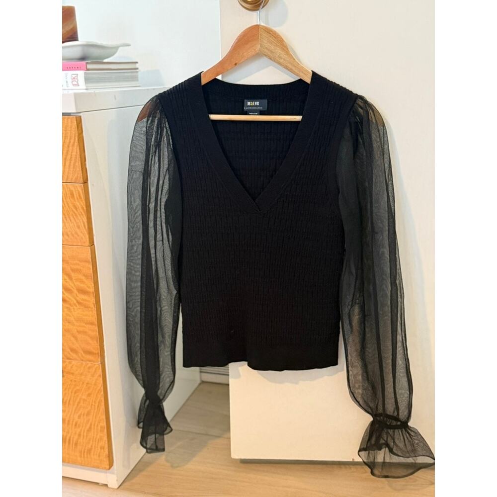 Maeve Anthropologie Black Sheer Sleeve Top M Ribbed V Neck Blouse ✨
